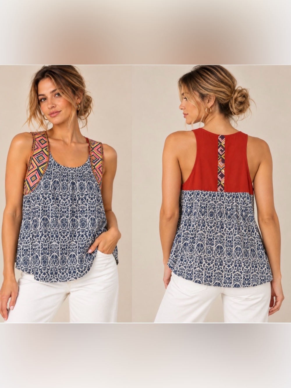 THML Embroidered Sleeveless Top M Navy Print Rust Back Boho Geometric Tank